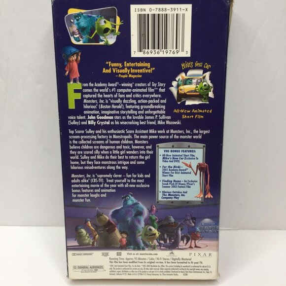 Vtg VHS Disney Pixar Monsters, Inc. Slip Sleeve Rare Hollywood Video Blue Shell - Picture 9 of 12